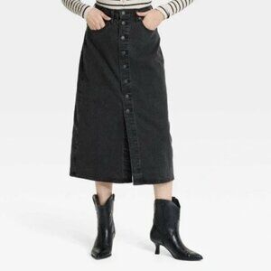 Universal Thread Women Black Denim Button Front Slit Midi Skirt Size 10